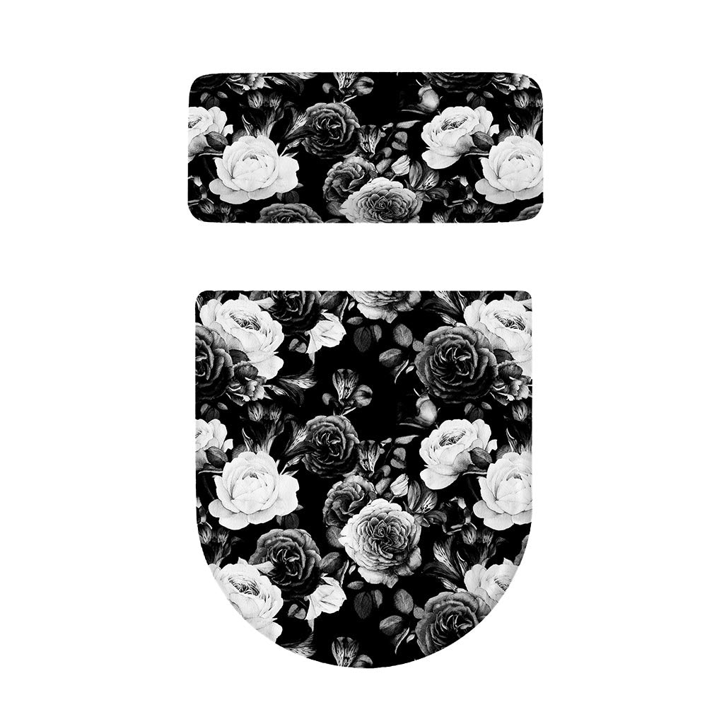 Black White Rose Floral Pattern Print Toilet Lid And Tank Cover Set