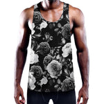 Black White Rose Floral Pattern Print Training Tank Top