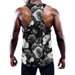 Black White Rose Floral Pattern Print Training Tank Top