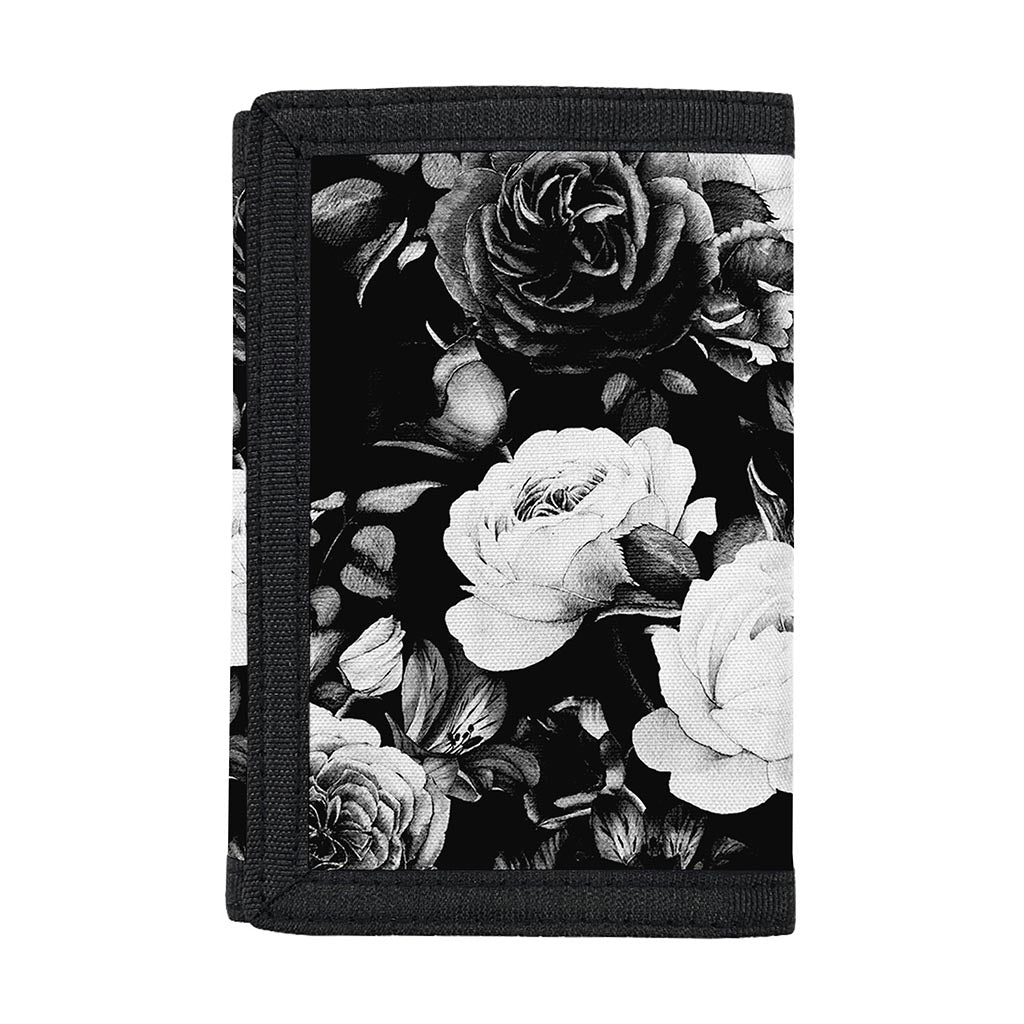 Black White Rose Floral Pattern Print Trifold Wallet
