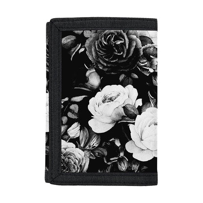 Black White Rose Floral Pattern Print Trifold Wallet