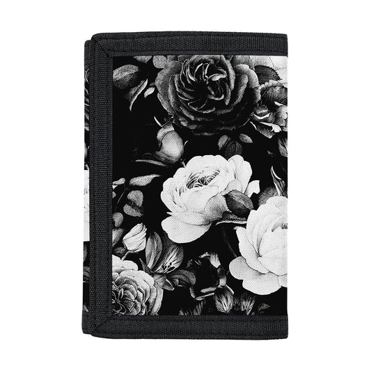 Black White Rose Floral Pattern Print Trifold Wallet
