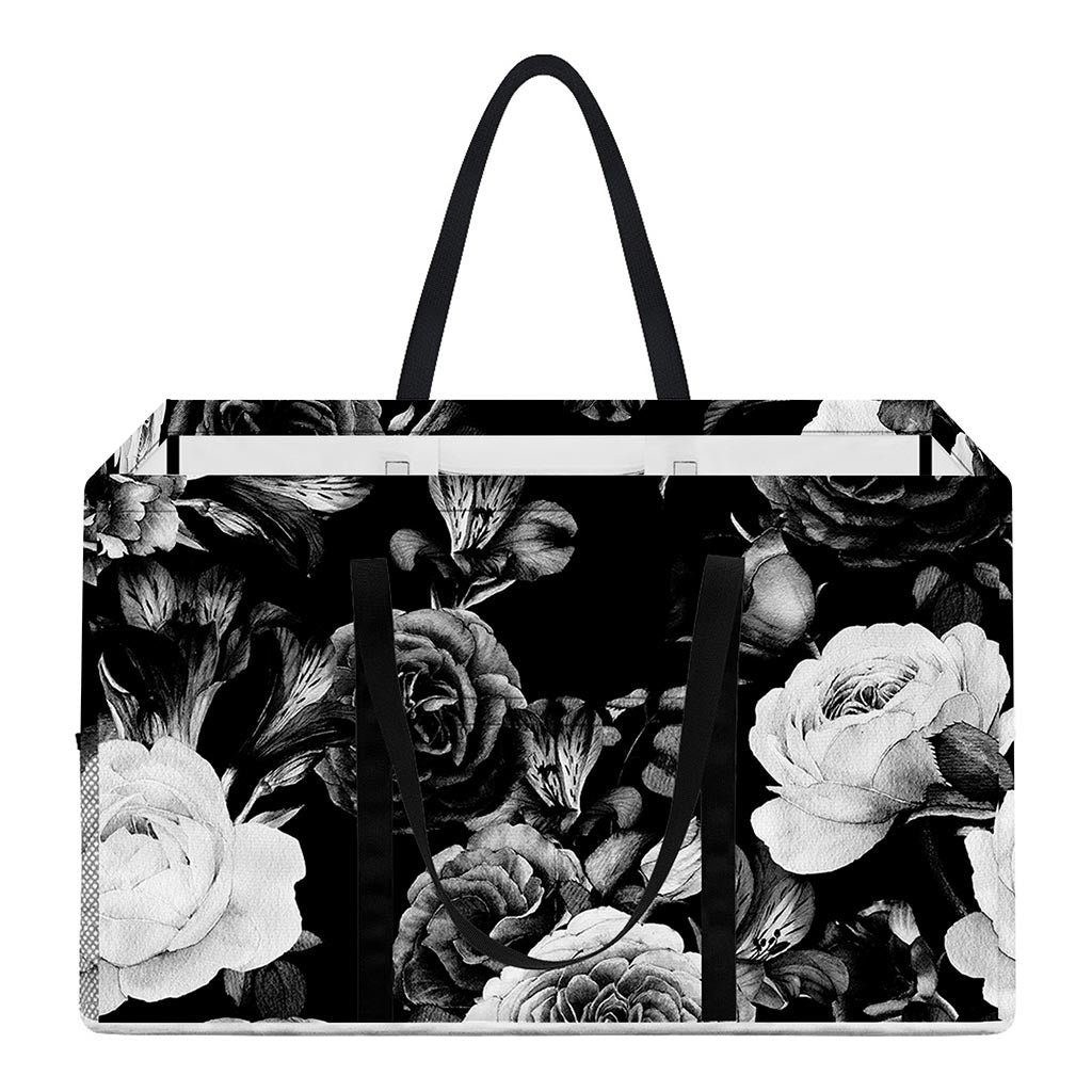 Black White Rose Floral Pattern Print Utility Tote Bag