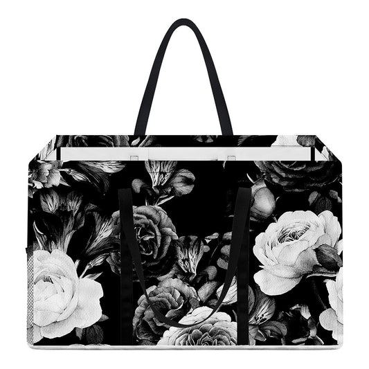 Black White Rose Floral Pattern Print Utility Tote Bag