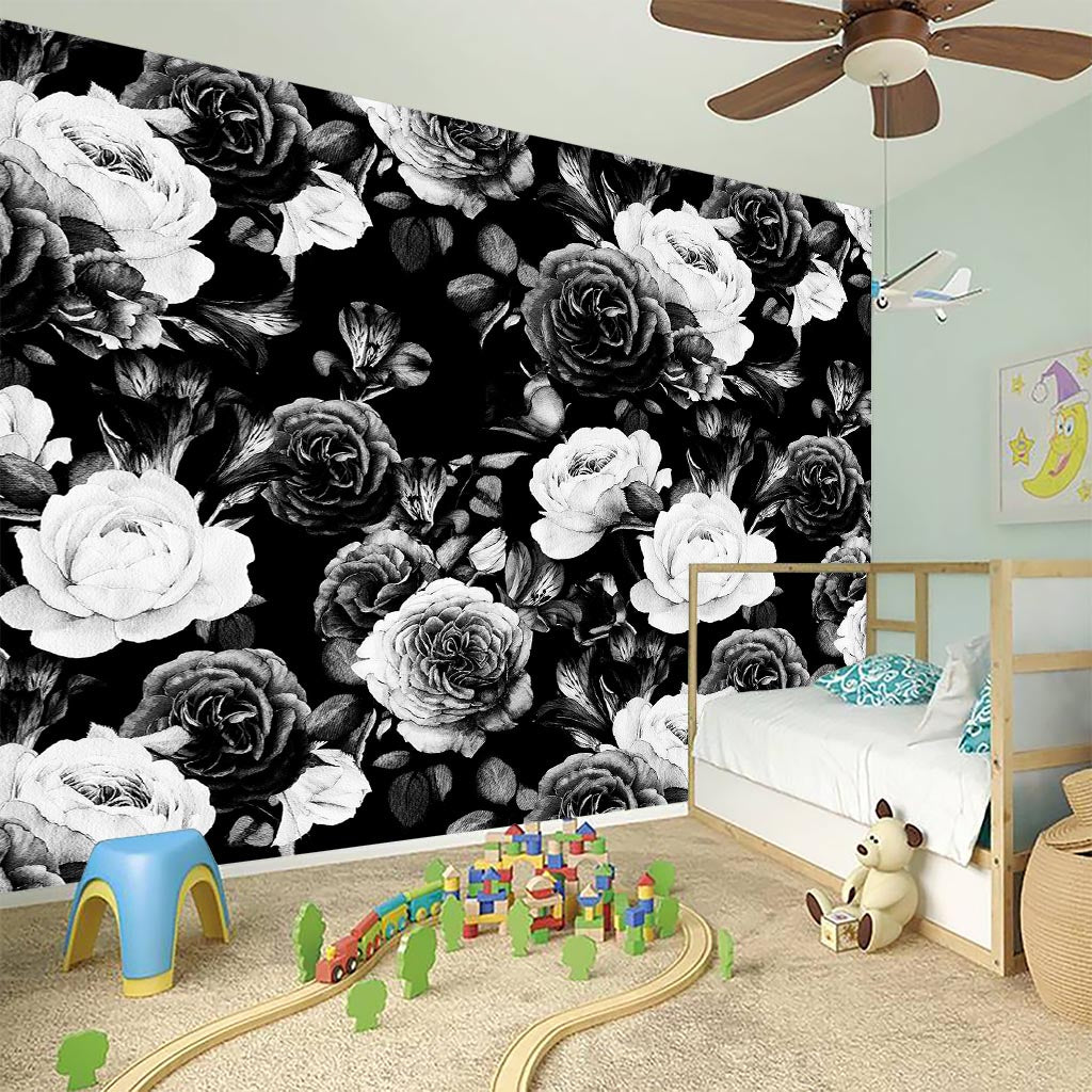 Black White Rose Floral Pattern Print Wall Sticker