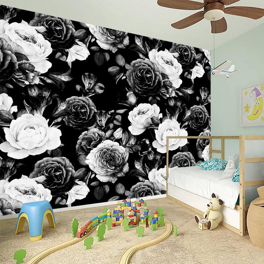 Black White Rose Floral Pattern Print Wall Sticker