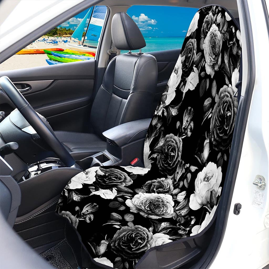 Black White Rose Floral Pattern Print Waterproof Car Seat Cover