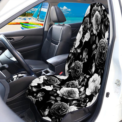 Black White Rose Floral Pattern Print Waterproof Car Seat Cover