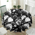 Black White Rose Floral Pattern Print Waterproof Round Tablecloth