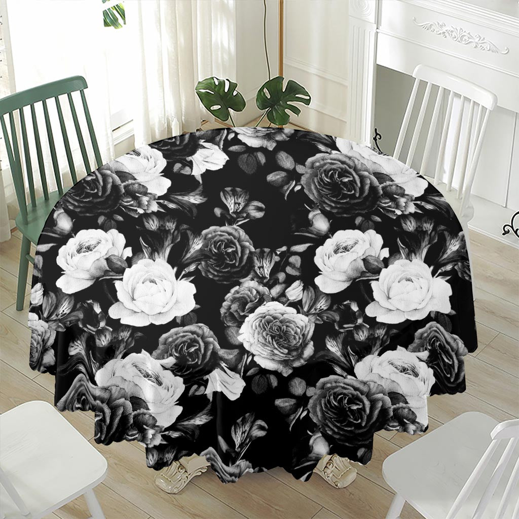 Black White Rose Floral Pattern Print Waterproof Round Tablecloth