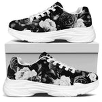 Black White Rose Floral Pattern Print White Chunky Shoes