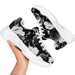 Black White Rose Floral Pattern Print White Chunky Shoes