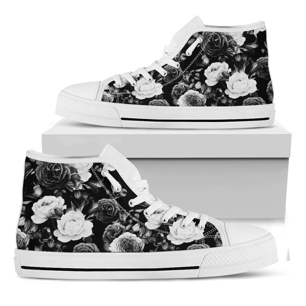 Black White Rose Floral Pattern Print White High Top Sneakers