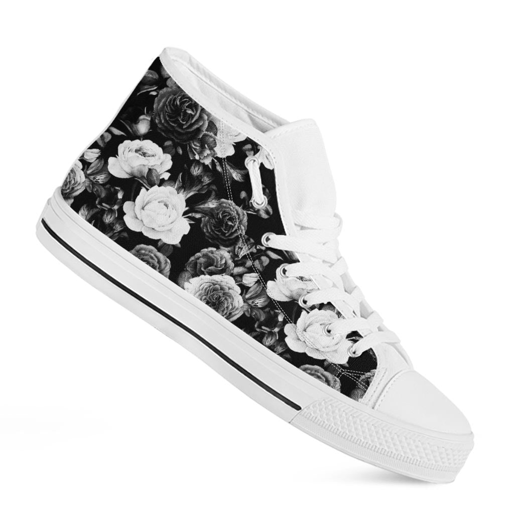 Black White Rose Floral Pattern Print White High Top Sneakers