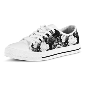 Black White Rose Floral Pattern Print White Low Top Sneakers