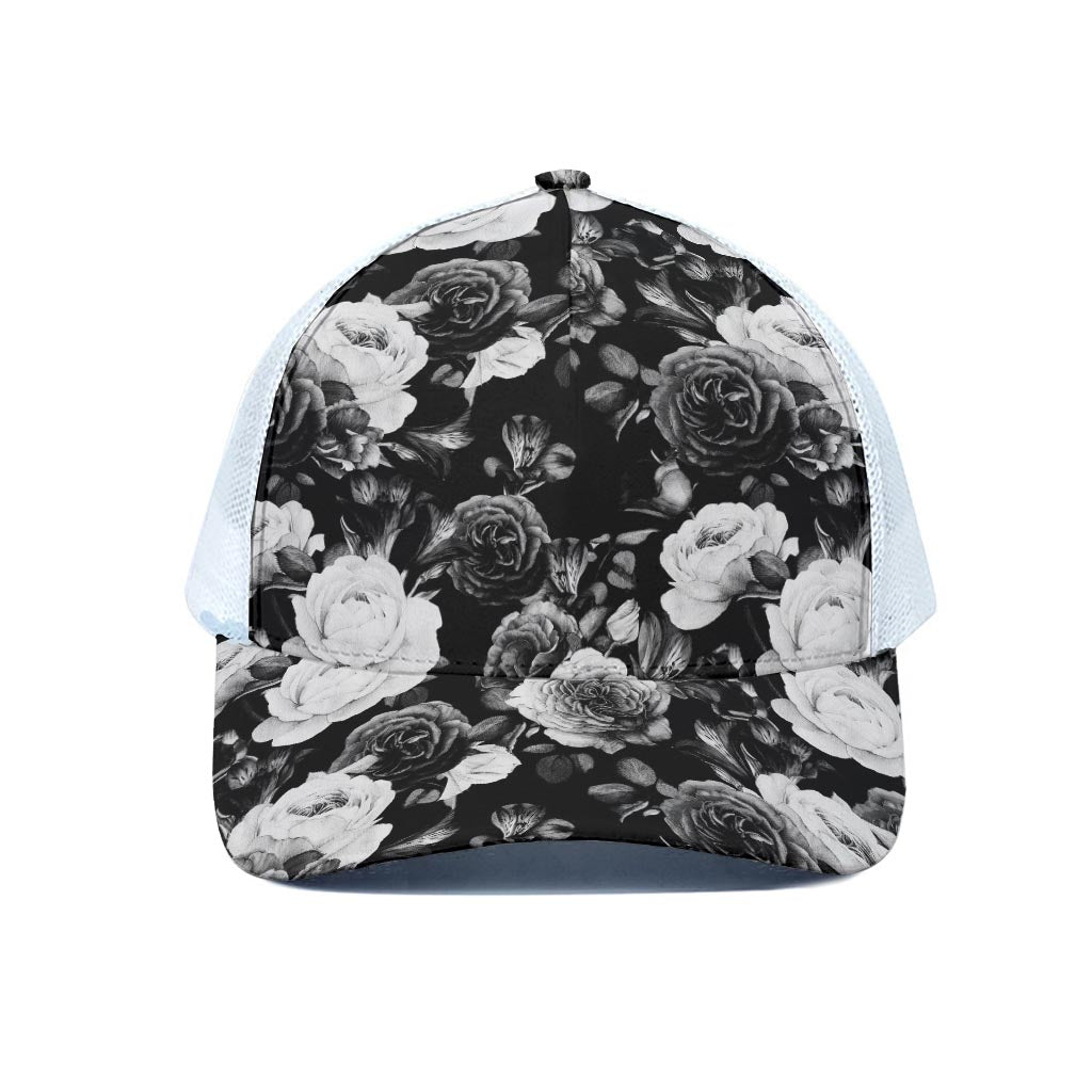 Black White Rose Floral Pattern Print White Mesh Trucker Cap