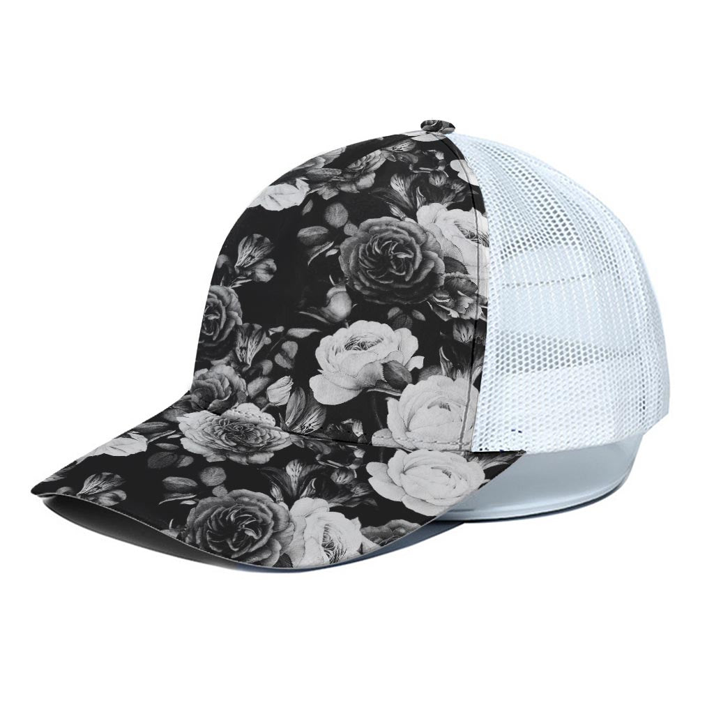 Black White Rose Floral Pattern Print White Mesh Trucker Cap