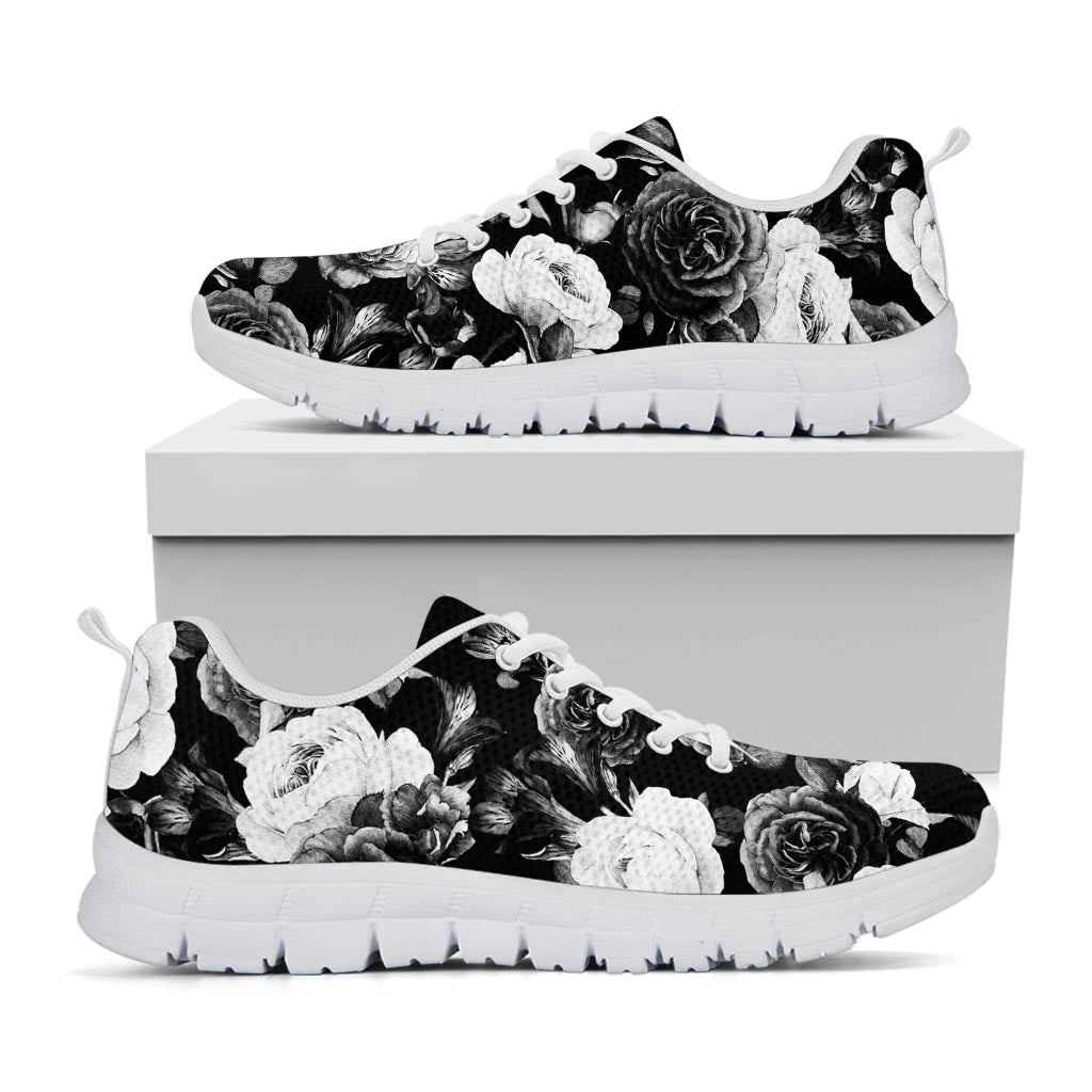 Black White Rose Floral Pattern Print White Running Shoes