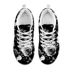 Black White Rose Floral Pattern Print White Running Shoes