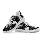 Black White Rose Floral Pattern Print White Running Shoes