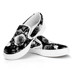 Black White Rose Floral Pattern Print White Slip On Sneakers
