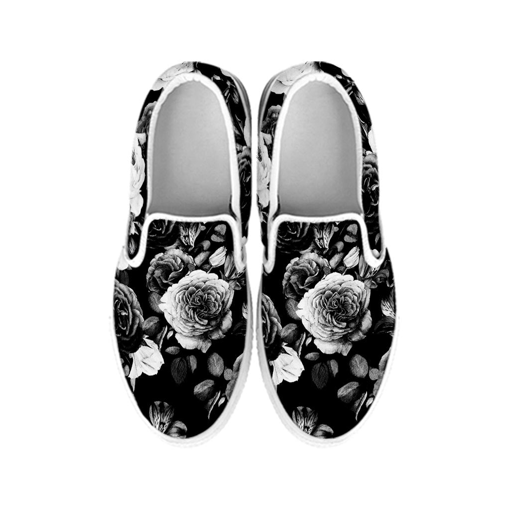 Black White Rose Floral Pattern Print White Slip On Sneakers