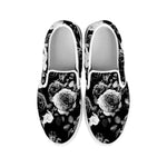 Black White Rose Floral Pattern Print White Slip On Sneakers