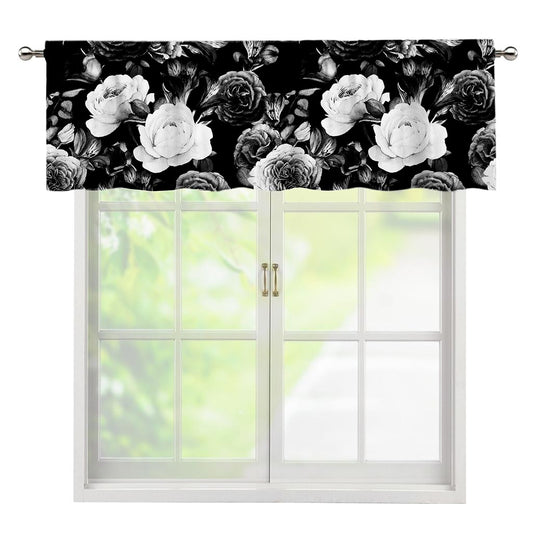 Black White Rose Floral Pattern Print Window Valance
