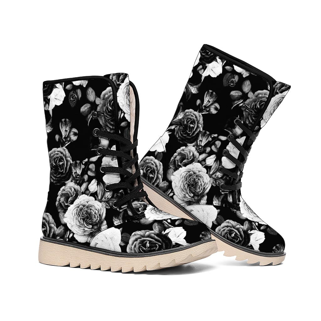 Black White Rose Floral Pattern Print Winter Boots