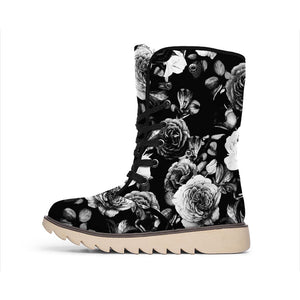 Black White Rose Floral Pattern Print Winter Boots