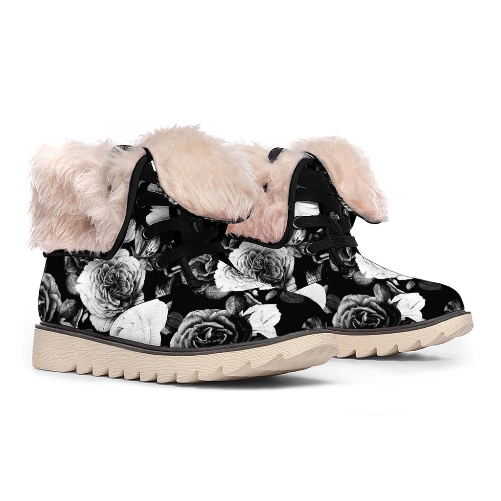 Black White Rose Floral Pattern Print Winter Boots