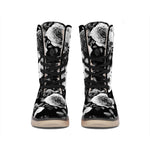 Black White Rose Floral Pattern Print Winter Boots