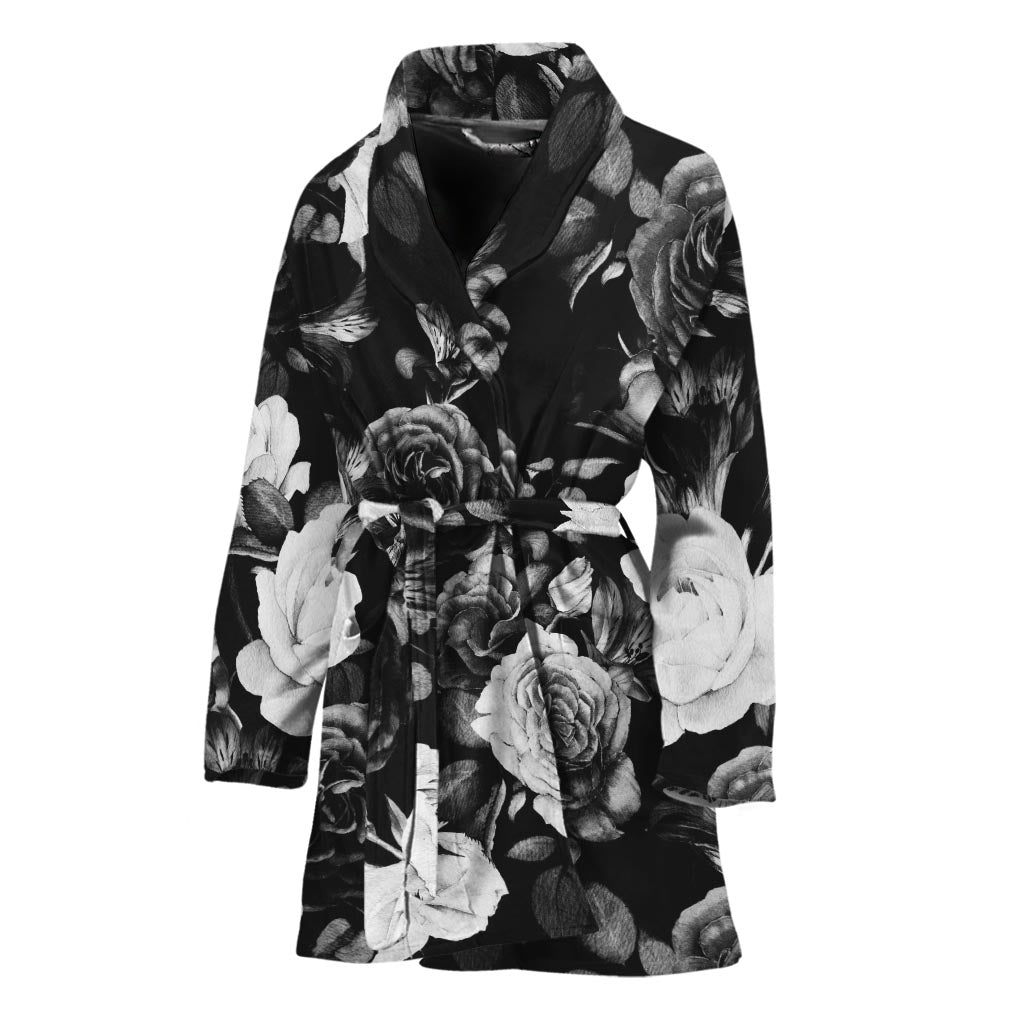 Black White Rose Floral Pattern Print Women's Bathrobe