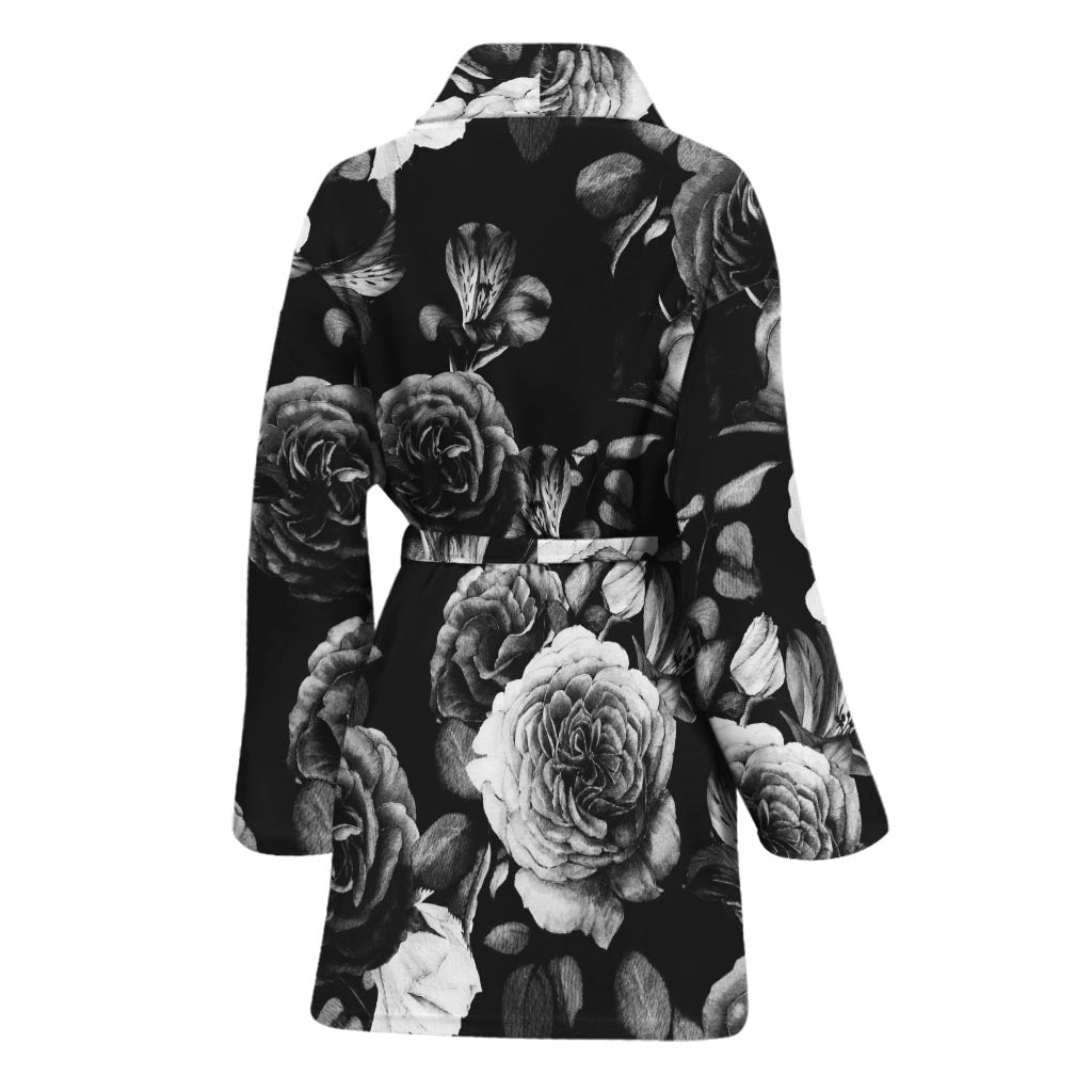 Black White Rose Floral Pattern Print Women's Bathrobe