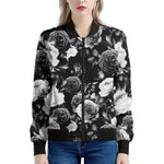 Black White Rose Floral Pattern Print Women's Bomber Jacket