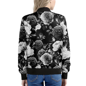 Black White Rose Floral Pattern Print Women's Bomber Jacket