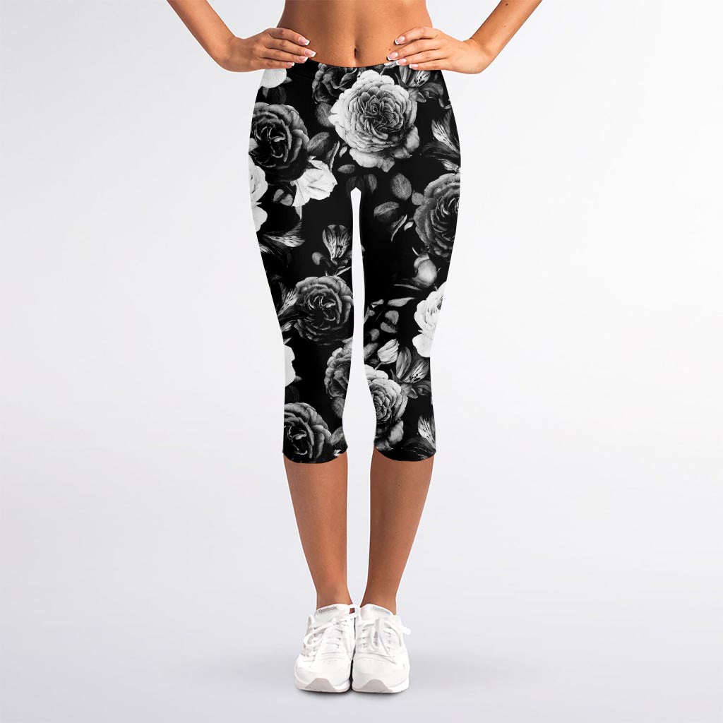 Black White Rose Floral Pattern Print Women's Capri Leggings