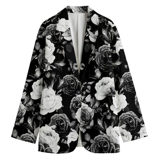 Black White Rose Floral Pattern Print Women's Cotton Blazer