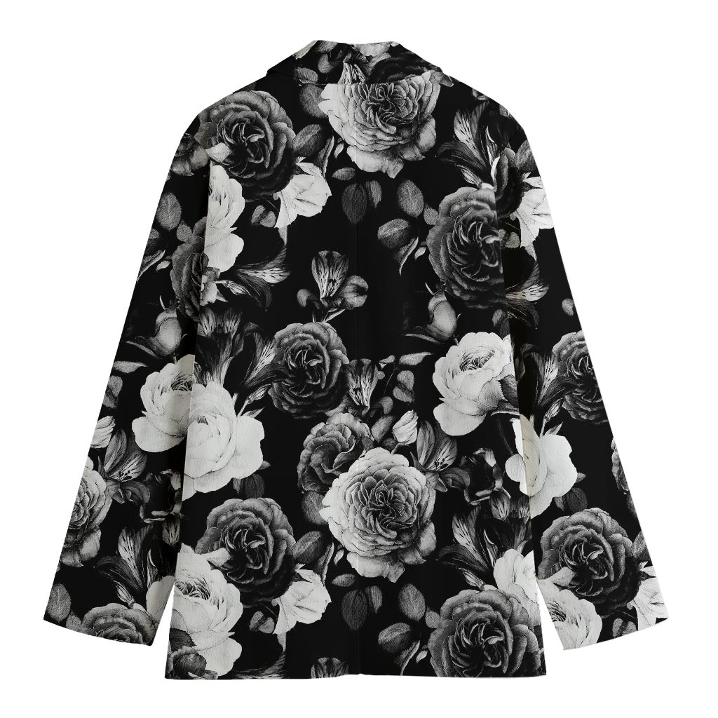 Black White Rose Floral Pattern Print Women's Cotton Blazer