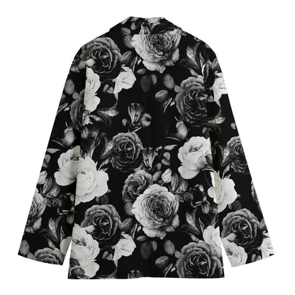 Black White Rose Floral Pattern Print Women's Cotton Blazer