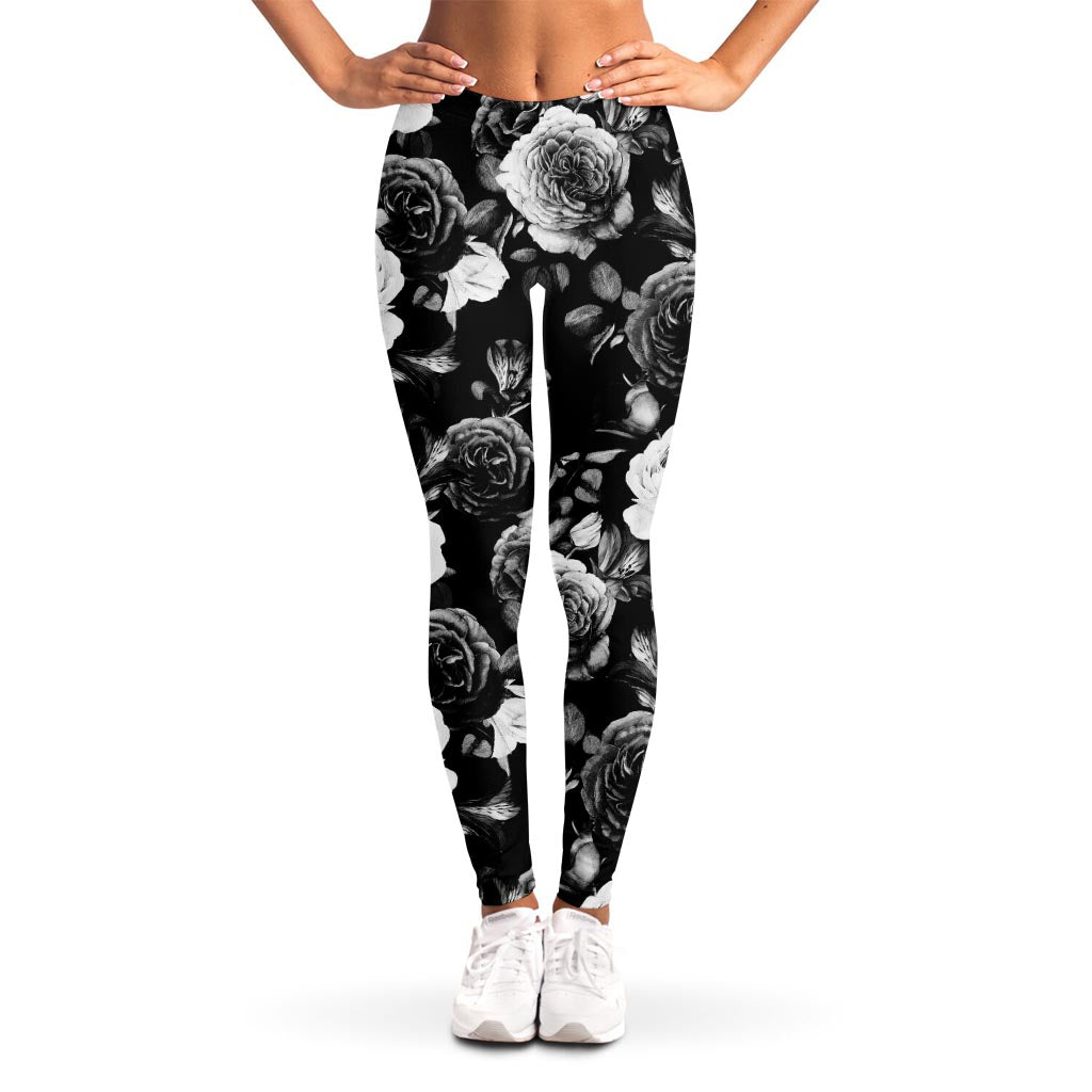 Black White Rose Floral Pattern Print Women's Leggings