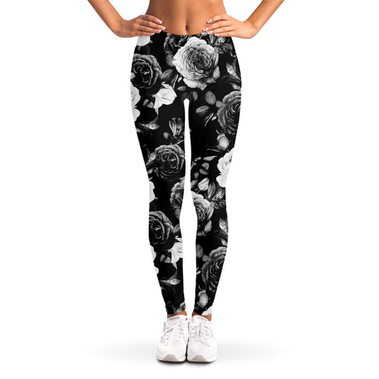 Black White Rose Floral Pattern Print Women's Leggings