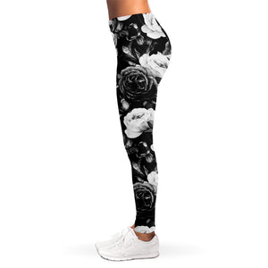 Black White Rose Floral Pattern Print Women's Leggings