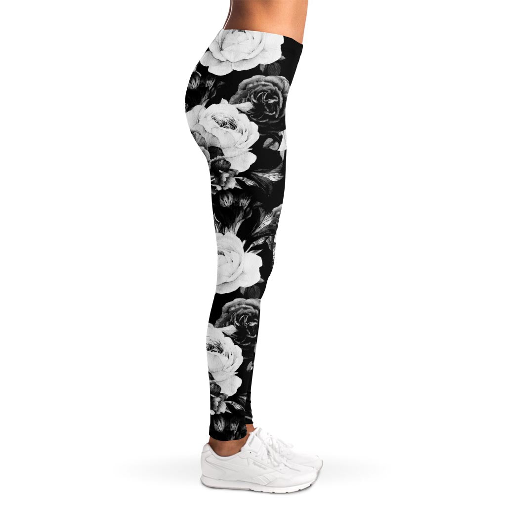 Black White Rose Floral Pattern Print Women's Leggings
