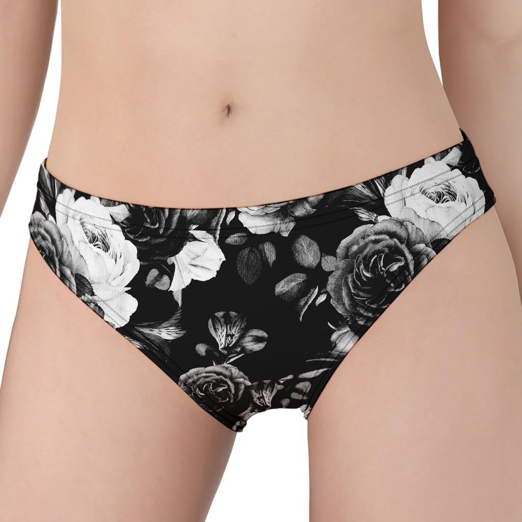 Black White Rose Floral Pattern Print Women's Panties