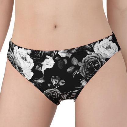 Black White Rose Floral Pattern Print Women's Panties