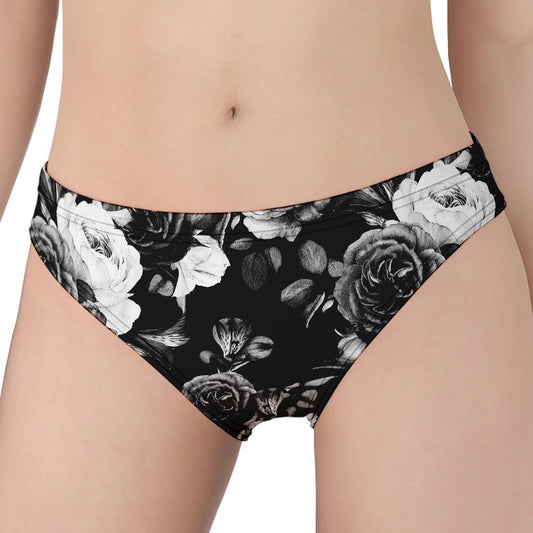 Black White Rose Floral Pattern Print Women's Panties