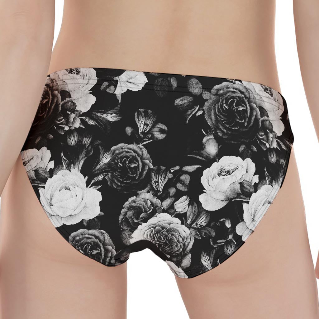 Black White Rose Floral Pattern Print Women's Panties