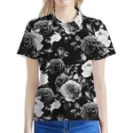 Black White Rose Floral Pattern Print Women's Polo Shirt