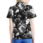Black White Rose Floral Pattern Print Women's Polo Shirt